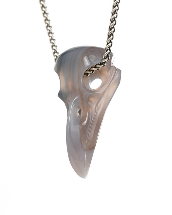 Night Pathfinder - 2.3" Agate Hand Carved Crystal Raven Skull Pendant, Crystal Healing Skull Jewelry, for Women & Men