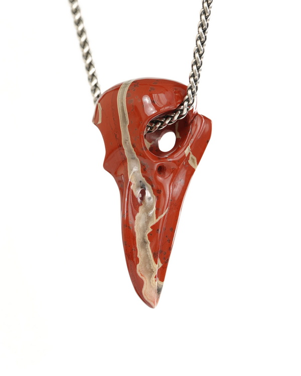 Night Pathfinder - 2.3" Red Jasper Hand Carved Crystal Raven Skull Pendant, Crystal Healing Skull Jewelry, for Women & Men