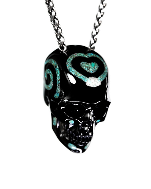 Ink & Sea - 1.4" Black Obsidian & Turquoise Inlaid Hand Carved Crystal Skull Pendant, Crystal Healing Skull Jewelry, for Women & Men