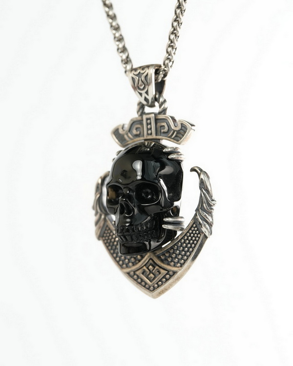 Necklace of 2.5" Black Obsidian Hand Carved Crystal Skull Pendant, Crystal Healing Skull Jewelry, for Women & Men