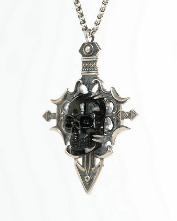 Necklace of 3.0" Black Obsidian Hand Carved Crystal Skull Pendant, Crystal Healing Skull Jewelry, for Women & Men