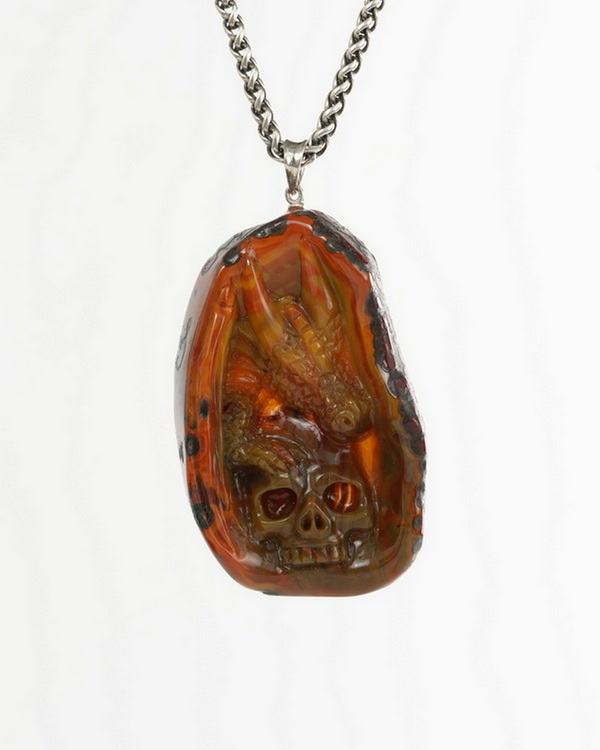 Necklace of 2.4" Empire Red Agate Hand Carved Crystal Skull Pendant, Crystal Healing Skull Jewelry, for Women & Men 