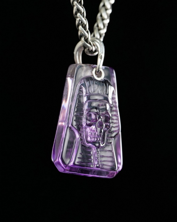 Gemstone Necklace of 1.1" Amethyst Hand Carved Crystal Pharaoh Skull Pendant, Crystal Healing Skull Jewelry, for Women & Men