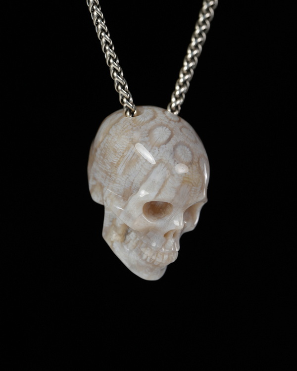 Hollow Essence - 1.4" Coral Fossil Hand Carved Crystal Skull Pendant, Crystal Healing Skull Jewelry, for Women & Men