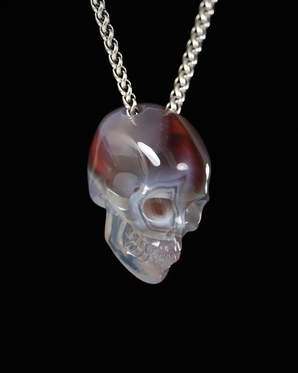 Skullis Signature 1.4" Mozambique Agate Hand Carved Crystal Skull Pendant, Crystal Healing Skull Jewelry, for Women & Men