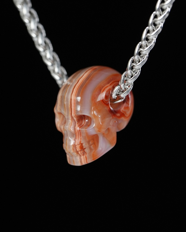 Minimalist Skull Pendant 0.6" Red Crazy Lace Agate Hand Carved Crystal Skull Pendant, Crystal Healing Skull Jewelry, for Women & Men