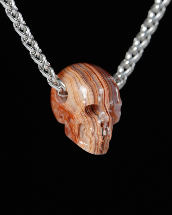 Minimalist Skull Pendant - 0.6" Red Crazy Lace Agate Hand Carved Crystal Skull Pendant, Crystal Healing Skull Jewelry, for Women & Men