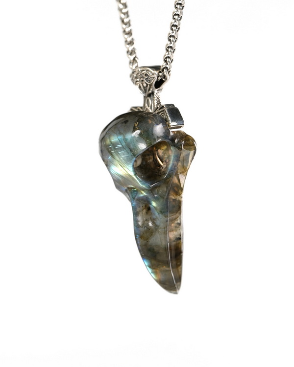 Raven Skull Hidden Sword - 2.6" Labradorite Hand Carved Crystal Skull Pendant, Crystal Healing Skull Jewelry, for Women & Men