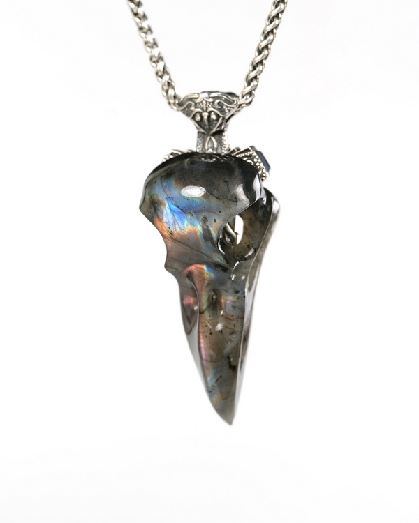 Raven Skull Hidden Sword - 2.6" Labradorite Hand Carved Crystal Raven Skull Pendant, Crystal Healing Skull Jewelry, for Women & Men