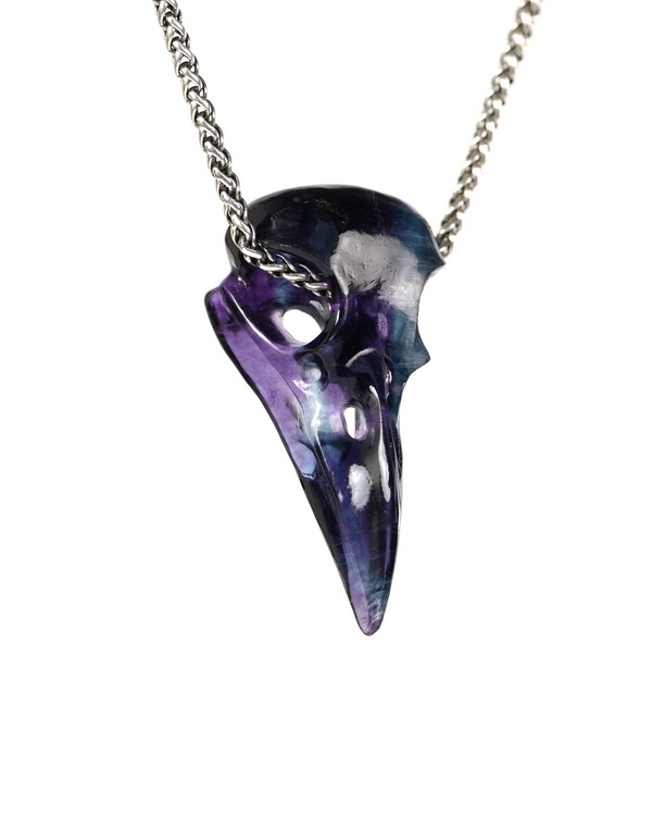 Night Pathfinder - 2.4" Fluorite Hand Carved Crystal Raven Skull Pendant, Crystal Healing Skull Jewelry, for Women & Men