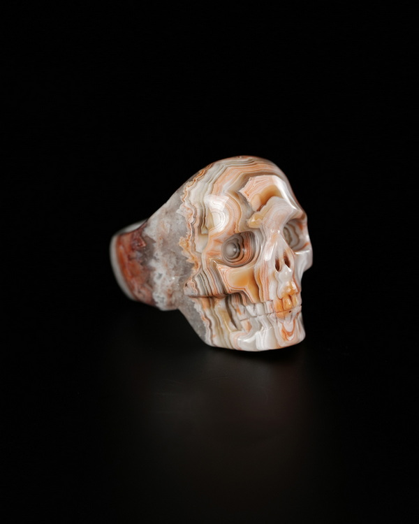 The Poetic Dreamer - US size 12.5 Red Crazy Lace Agate Hand Carved Crystal Skull Ring, Crystal Healing Skull Jewelry, for Women & Men