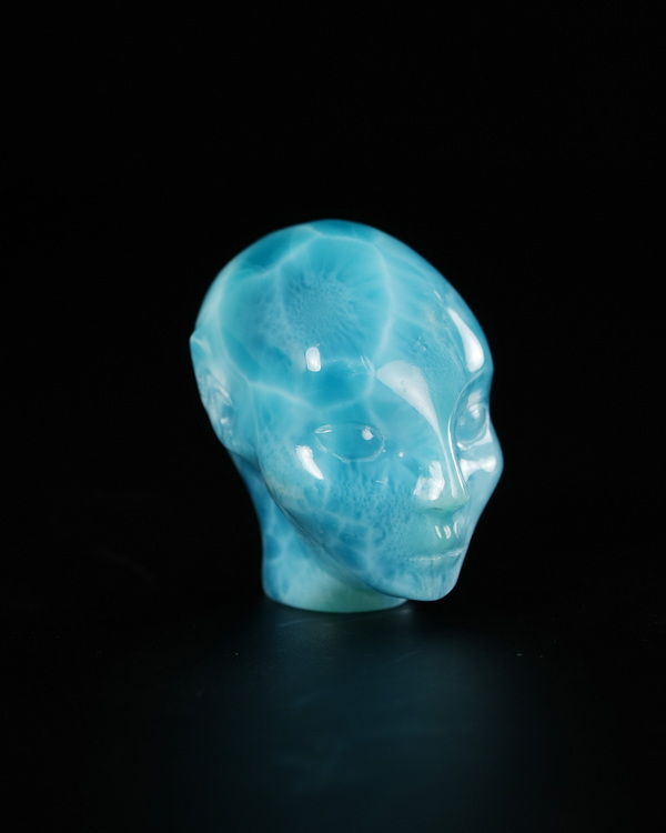 Gemstone 1.5" Larimar Hand Carved Fairy Elf Alien Crystal Skull Companion Sculpture, Crystal Healing