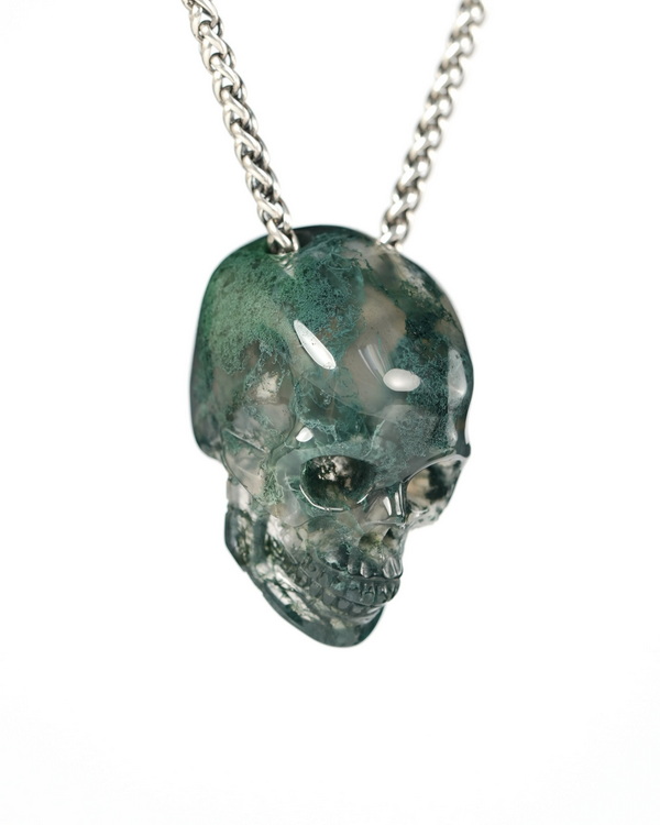 Hollow Essence - 1.4" Green Moss Agate Hand Carved Crystal Skull Pendant, Crystal Healing Skull Jewelry, for Women & Men