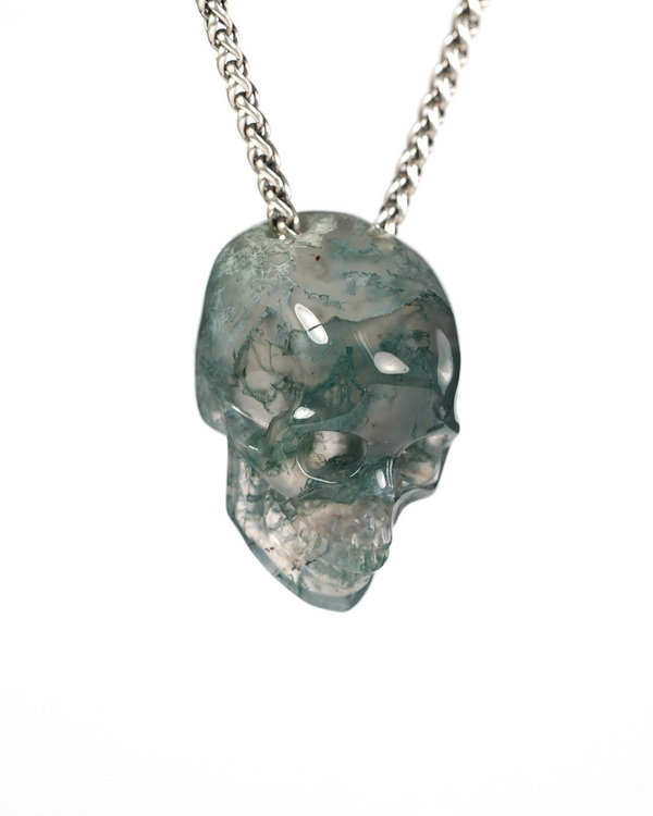Hollow Essence - 1.4" Green Moss Agate Hand Carved Crystal Skull Pendant, Crystal Healing Skull Jewelry, for Women & Men