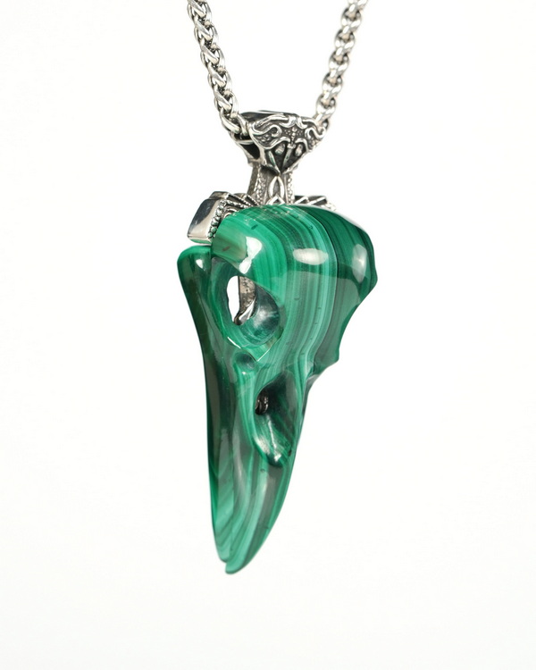 Raven Skull Hidden Sword - 2.6" Malachite Hand Carved Crystal Skull Pendant, Crystal Healing Skull Jewelry, for Women & Men