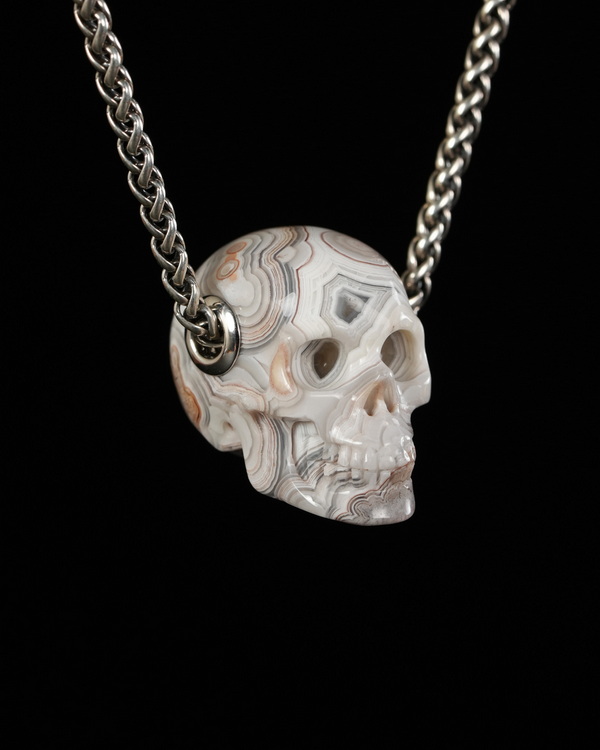 Skullis Signature 1.2" Red Crazy Lace Agate Hand Carved Crystal Skull Pendant, Crystal Healing Skull Jewelry, for Women & Men