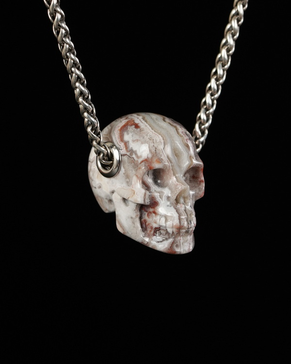 Skullis Signature 1.2" Red Crazy Lace Agate Hand Carved Crystal Skull Pendant, Crystal Healing Skull Jewelry, for Women & Men