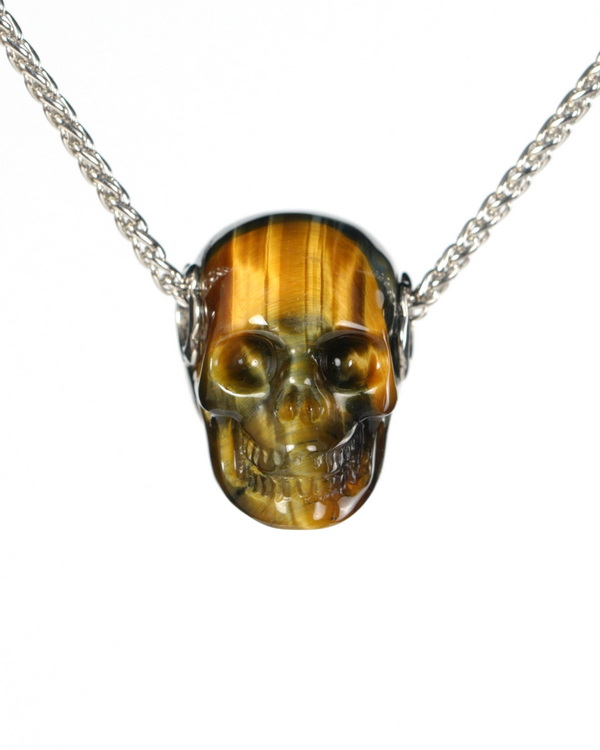 Skullis Signature 0.8" Blue & Gold Tiger's Eye Hand Carved Crystal Skull Pendant, Crystal Healing Skull Jewelry, for Women & Men