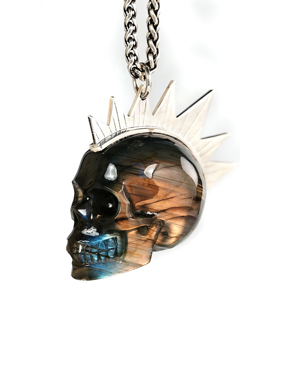 1.8" Labradorite Hand Carved Crystal Skull with Punk Hair in 925 Sterling Silver Pendant, Crystal Healing Skull Jewelry, for Women & Men
