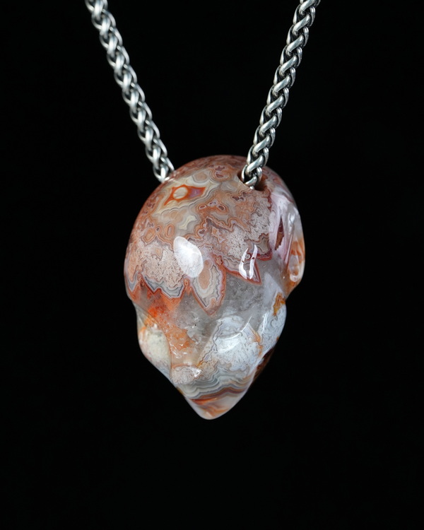 Hollow Essence - 1.5" Red Crazy Lace Agate Hand Carved Crystal Skull Pendant, Crystal Healing Skull Jewelry, for Women & Men