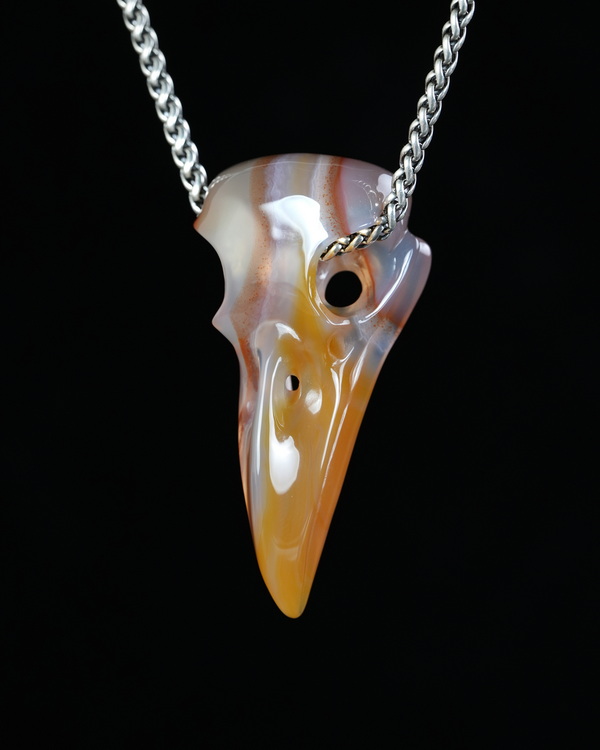 Night Pathfinder - 2.2" Agate Hand Carved Crystal Raven Skull Pendant, Crystal Healing Skull Jewelry, for Women & Men
