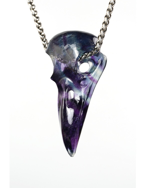 Night Pathfinder - 2.2" Fluorite Hand Carved Crystal Skull Pendant, Crystal Healing Skull Jewelry, for Women & Men
