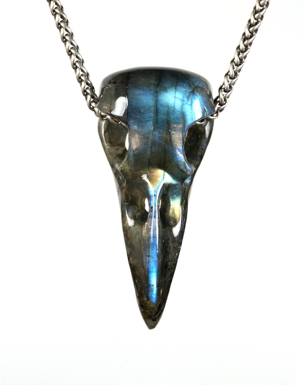 Night Pathfinder - 2.2" Labradorite Hand Carved Crystal Raven Skull Pendant, Crystal Healing Skull Jewelry, for Women & Men