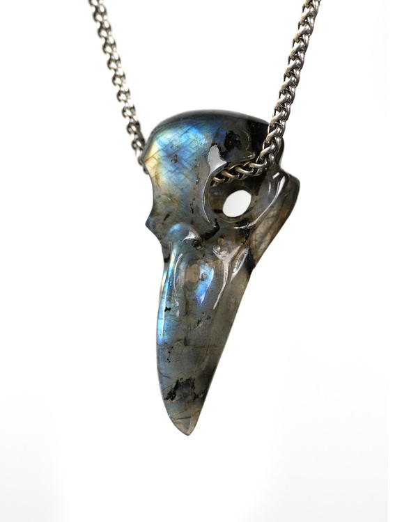 Night Pathfinder - 2.2" Labradorite Hand Carved Crystal Raven Skull Pendant, Crystal Healing Skull Jewelry, for Women & Men