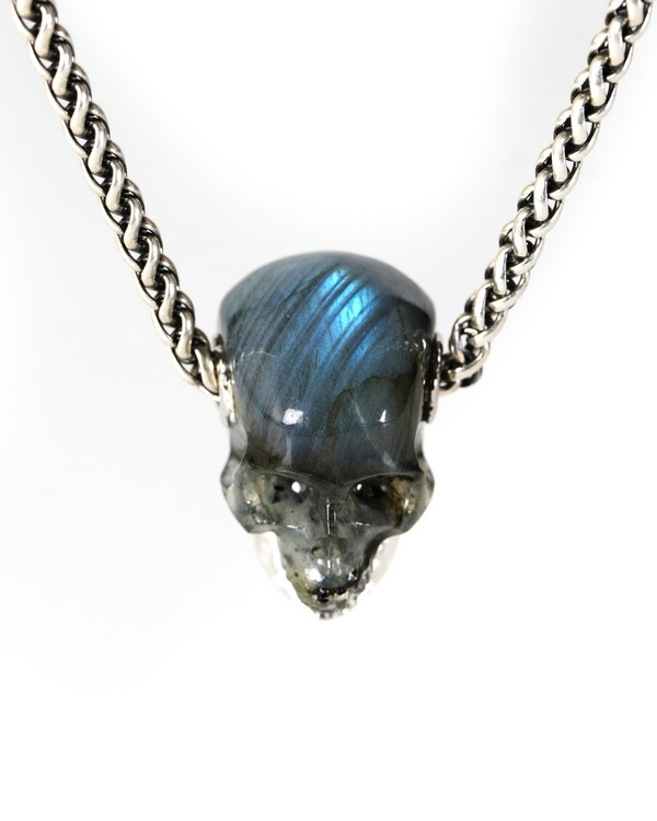 0.9" Labradorite Hand Carved Crystal Skull with Sterling Silver Movable Jaw Pendant, Crystal Healing Skull Jewelry, for Women & Men