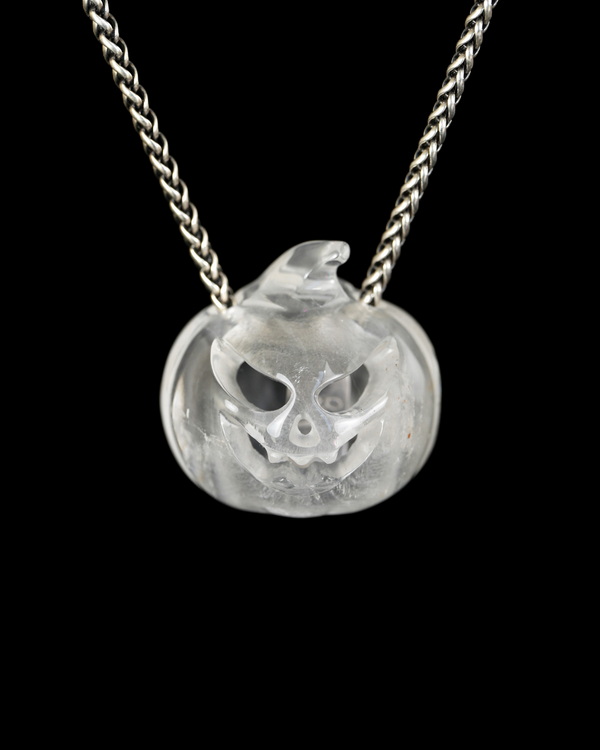 Hollow Essence - 1.4" Quartz Rock Crystal Hand Carved Crystal Pumpkin Skull Pendant, Crystal Healing Skull Jewelry, for Women & Men