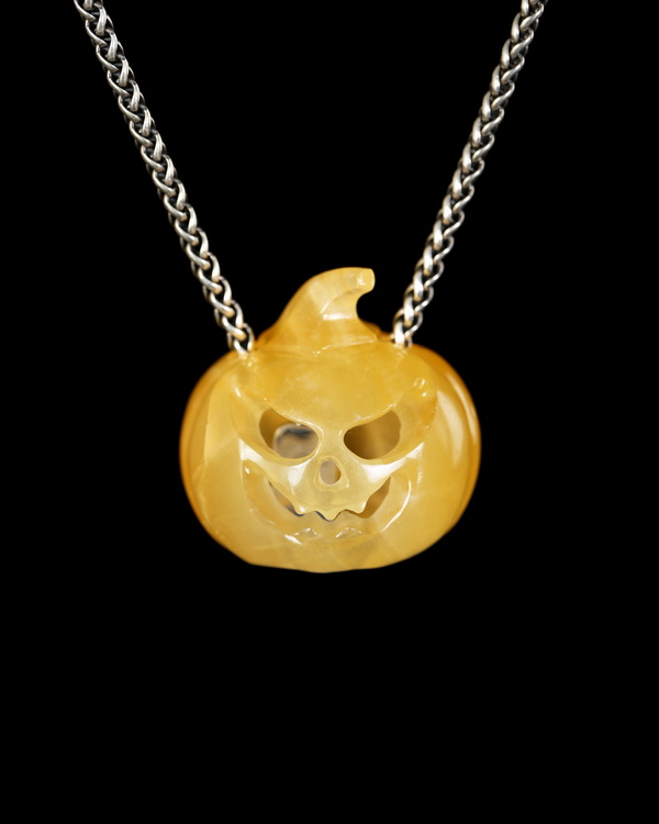 Hollow Essence - 1.4" Beeswax Jade Hand Carved Crystal Pumpkin Skull Pendant, Crystal Healing Skull Jewelry, for Women & Men