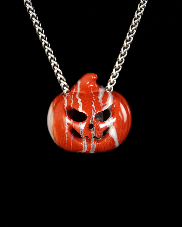 Hollow Essence - 1.4" Red Jasper Hand Carved Crystal Pumpkin Skull Pendant, Crystal Healing Skull Jewelry, for Women & Men