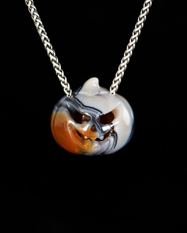 Hollow Essence - 1.4" Agate Hand Carved Crystal Pumpkin Skull Pendant, Crystal Healing Skull Jewelry, for Women & Men