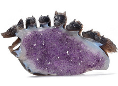 AMAZING GEODE 17.7" Agate Amethyst Geode Carved Crystal Wolves, Crystal Healing
