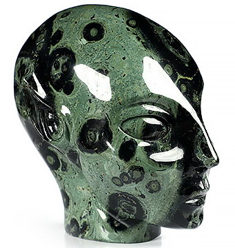 4.1" Kambaba Jasper Carved Fairy Elf Alien Crystal Skull Companion Sculpture, Crystal Healing