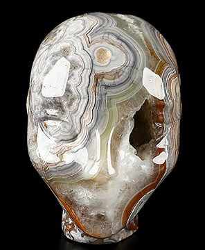 1.7" Crazy Lace Agate Carved Fairy Elf Alien Crystal Skull Companion Sculpture, Crystal Healing Crystal Skul