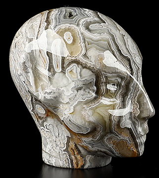 1.7" Crazy Lace Agate Carved Fairy Elf Alien Crystal Skull Companion Sculpture, Crystal Healing
