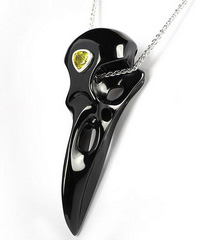 Necklace of 3.9" Black Obsidian Carved Crystal Skull Raven Pendant with 925 Sterling Silver Chain, Crystal Jewelry