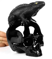 5.1" Black Obsidian Carved Crystal Skull With lizard Sculpture, Labradorite Eyes, Crystal Healing