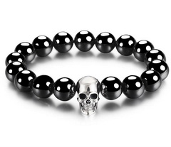 Nice 0.7" 925 Sterling Silver Carved Skull & Black obsidian Bracelet, Crystal Healing
