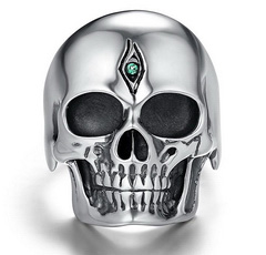 925 Sterling Silver Carved Crystal Skull with Tsavorite Eyes Ring, Skull Jewelry