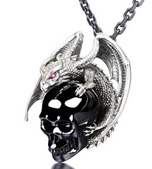 Necklace of Black Obsidian & Silver Carved Crystal Skull with Ruby Eyes Pendant and 925 Sterling Silver Chain,Skull Jewelry