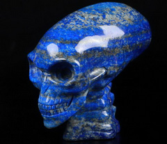 3.5" Lapis Lazuli Carved Crystal Elongated Mayan Alien Skull & Spine, Crystal Healing