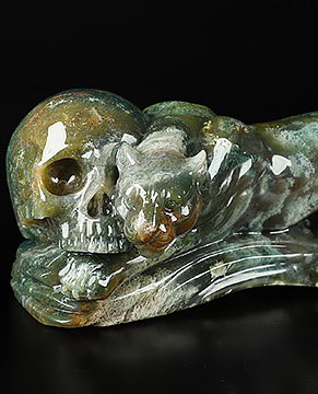 8.0" Green Moss Agate Carved Crystal Skull & Leopard, Realistic