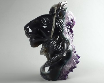 8.3" Agate Amethyst Geode Carved Crystal Lion, Crystal Healing