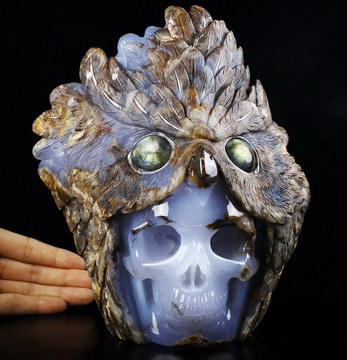 Amazing Original 8.0" Blue Chalcedony Carved Crystal Skull & Owl Sculpture, Flash Labradorite Eyes, Crystal Healing