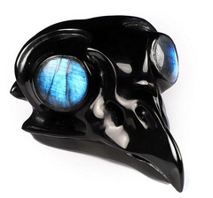3.1" Black Obsidian Carved Crystal Owl Skull With Labradorite Eyes, Crystal Healing