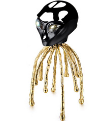 11.6" Black Obsidian Star Being Female Alien with Labradorite Eyes Crystal Skull Companion, Grass Stand