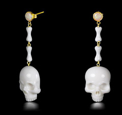 White Chalcedony Carved Crystal Skull Earrings with Gold