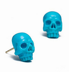 Gemstone, Turquoise Carved Crystal Skull Earrings With Solid Gold